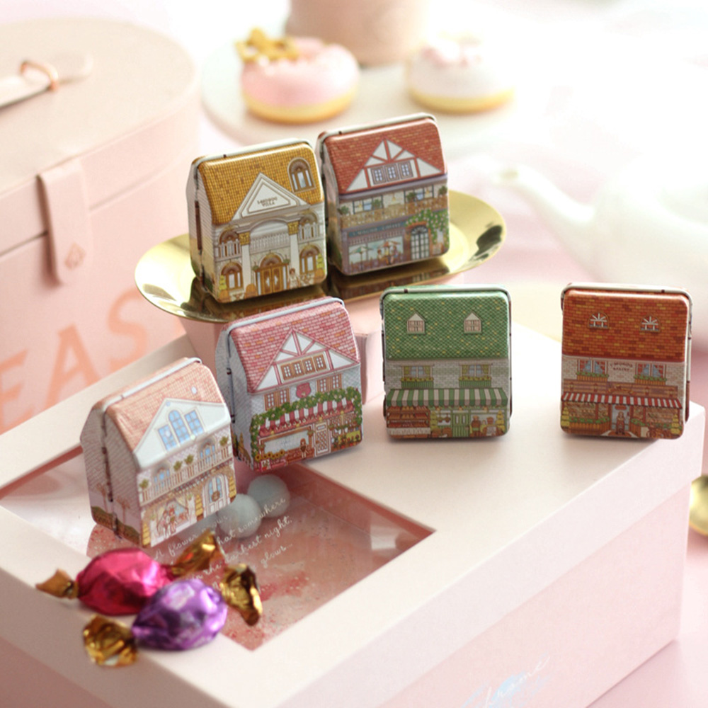 Tin Container Lid - กล่องเหล็กทรงบ้านขนาดเล็ก 6 ชิ้น กล่องเก็บของโลหะพร้อมฝาปิดแบบมีบานพับ สไตล์ยุโรปวินเทจ กล่องใส่ขนมอเนกประสงค์