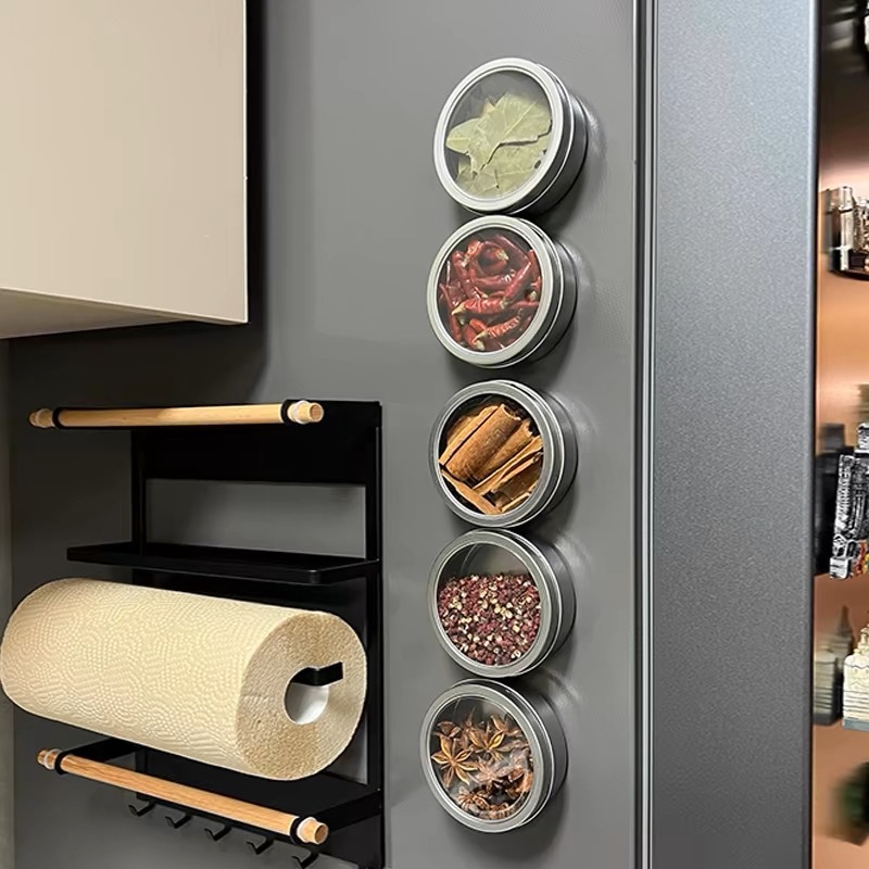Tin Container Lid - กระปุกใส่เครื่องเทศแบบมีฝาปิดใส ติดผนังด้วยแม่เหล็ก, กระปุกเครื่องเทศแบบมีแม่เหล็ก, กล่องเก็บเครื่องปรุงสำหรับตู้เย็น